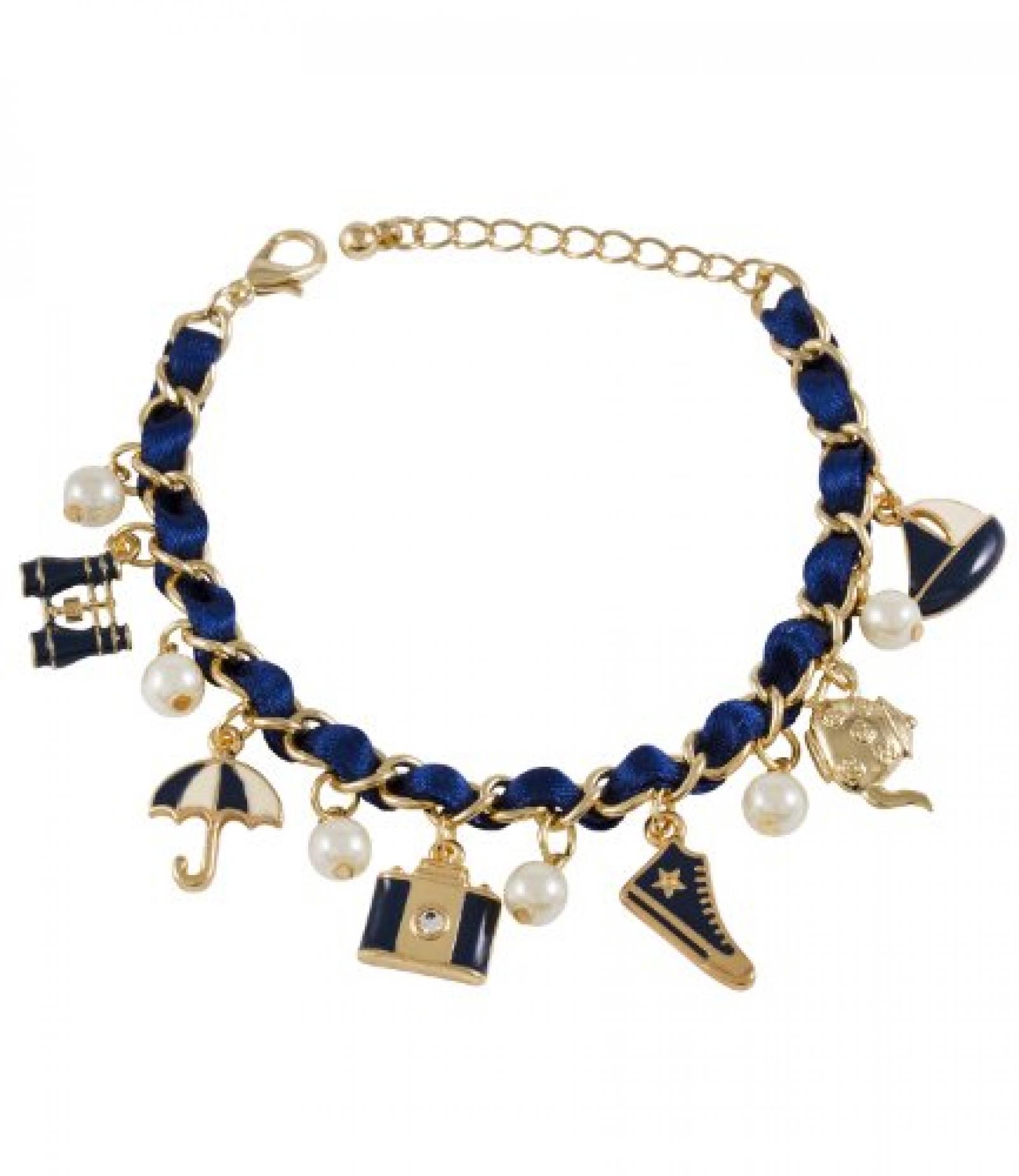 SIX "Sweet & Cute" goldenes Bettel Armband, blaues Satin, Anhänger (358-365) 
